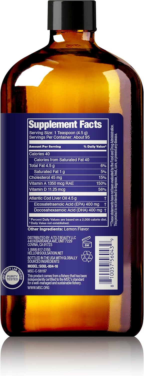 16oz SOULSATION Icelandic Cod Liver Oil Liquid with Lemon Flavor - Rich in Vitamins A & D, EPA & DHA - Supports Vision, Skin, & Immune System - MSC Certified, Non-GMO