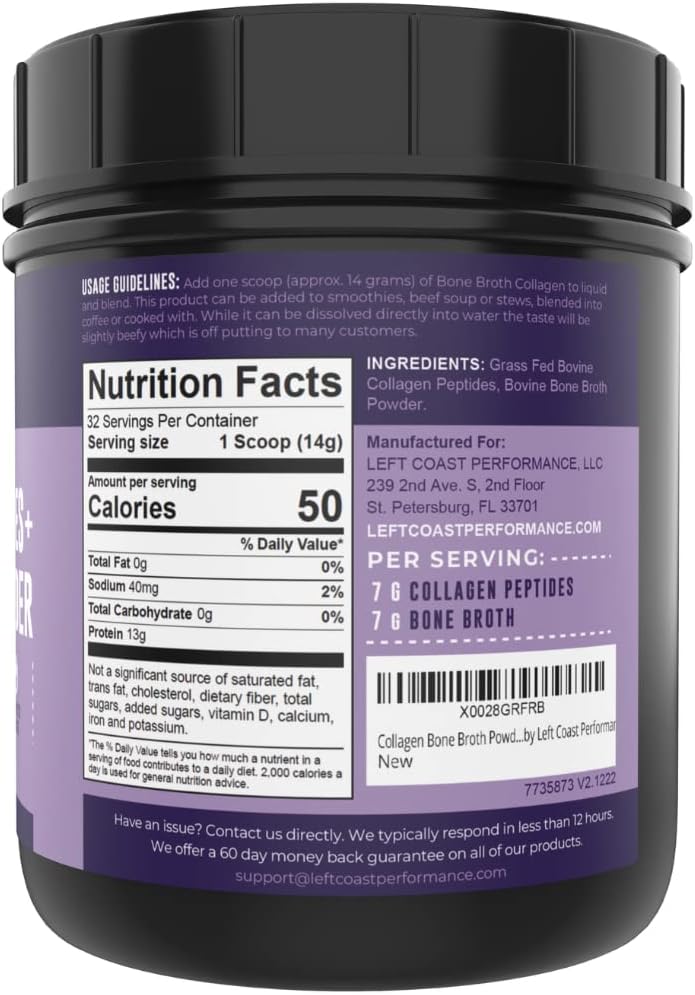 16oz Unflavoured Grass Fed Bone Broth Collagen Powder - Zero Carb, Dairy Free, Source of Type I and III Collagen - No Additives or Fillers