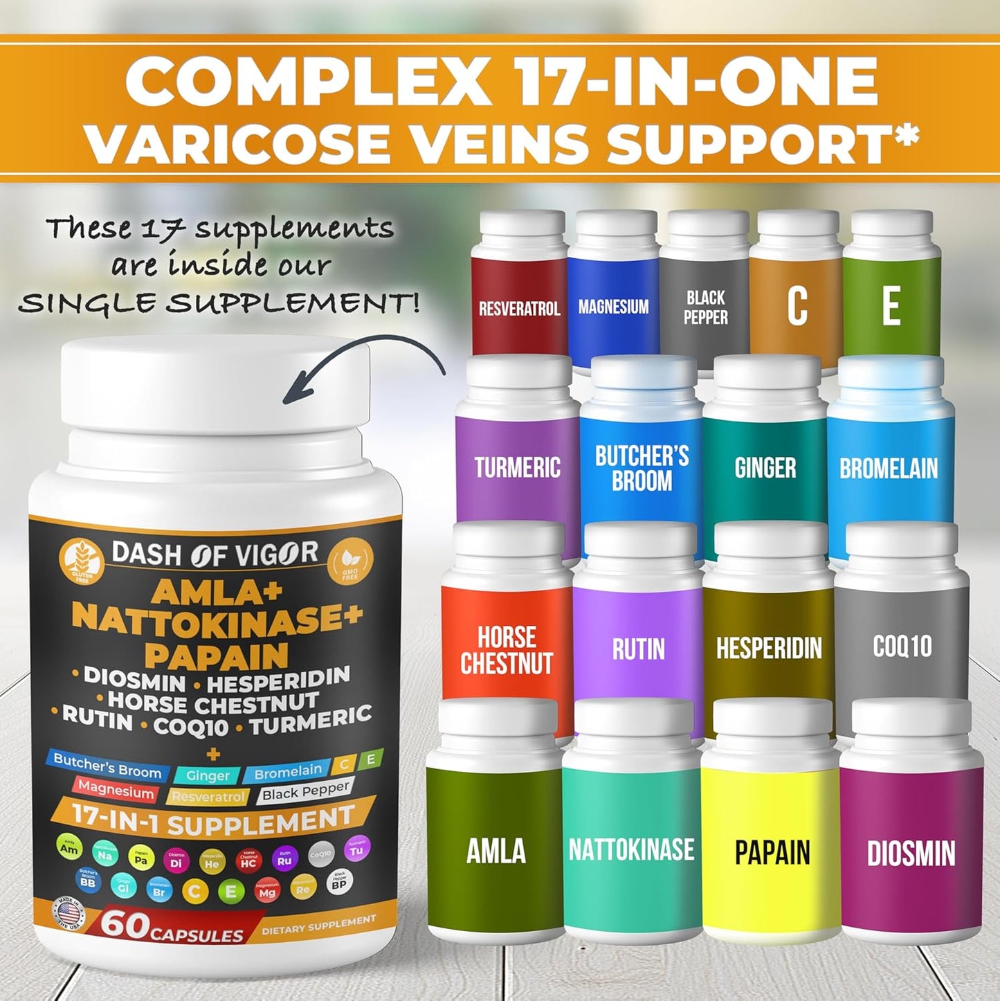 17-in-1 Amla Extract Papain Nattokinase Diosmin Hesperidin CoQ10 Turmeric Horse Chestnut Vitamin C Rutin Supplement