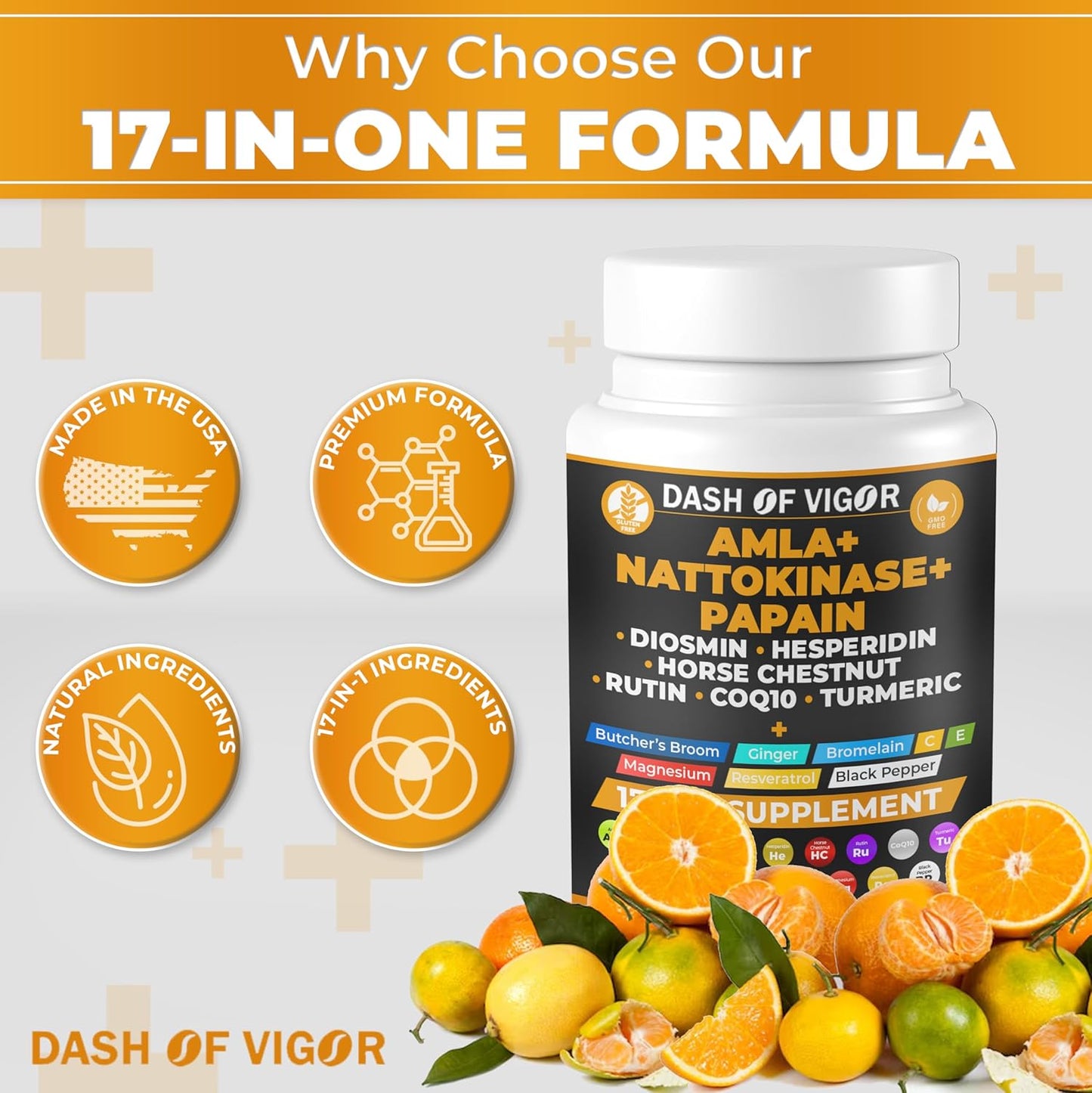 17-in-1 Amla Extract Papain Nattokinase Diosmin Hesperidin CoQ10 Turmeric Horse Chestnut Vitamin C Rutin Supplement