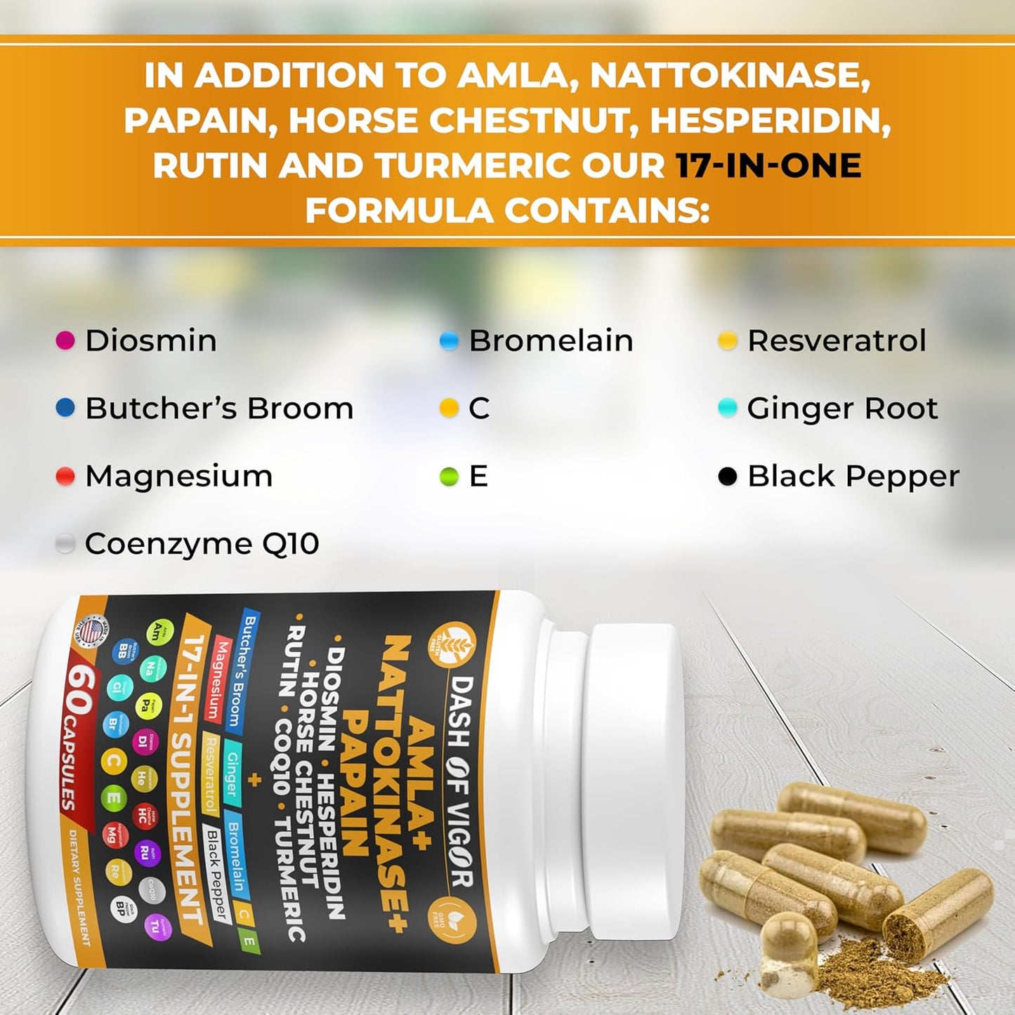 17-in-1 Amla Extract Papain Nattokinase Diosmin Hesperidin CoQ10 Turmeric Horse Chestnut Vitamin C Rutin Supplement