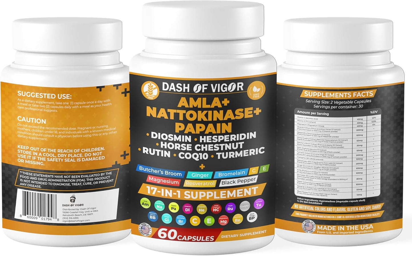 17-in-1 Amla Extract Papain Nattokinase Diosmin Hesperidin CoQ10 Turmeric Horse Chestnut Vitamin C Rutin Supplement
