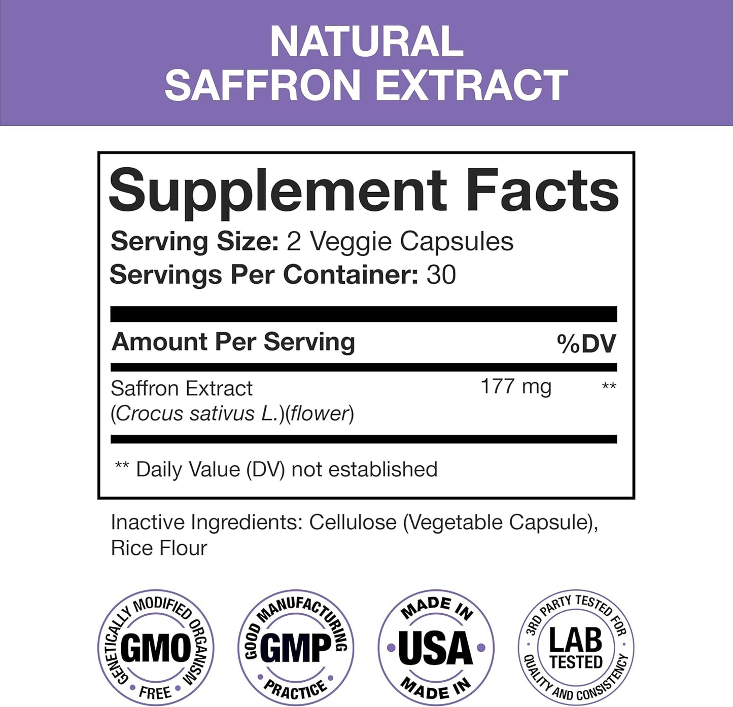 177mg Pure Saffron Extract Supplements for Mood & Energy Support - Made in USA - Vegan & Non-GMO - 60 Capsules