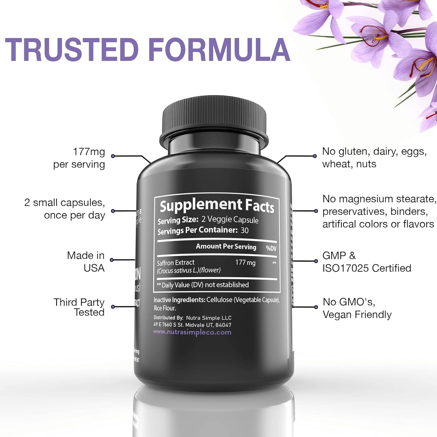 177mg Pure Saffron Extract Supplements for Mood & Energy Support - Made in USA - Vegan & Non-GMO - 60 Capsules