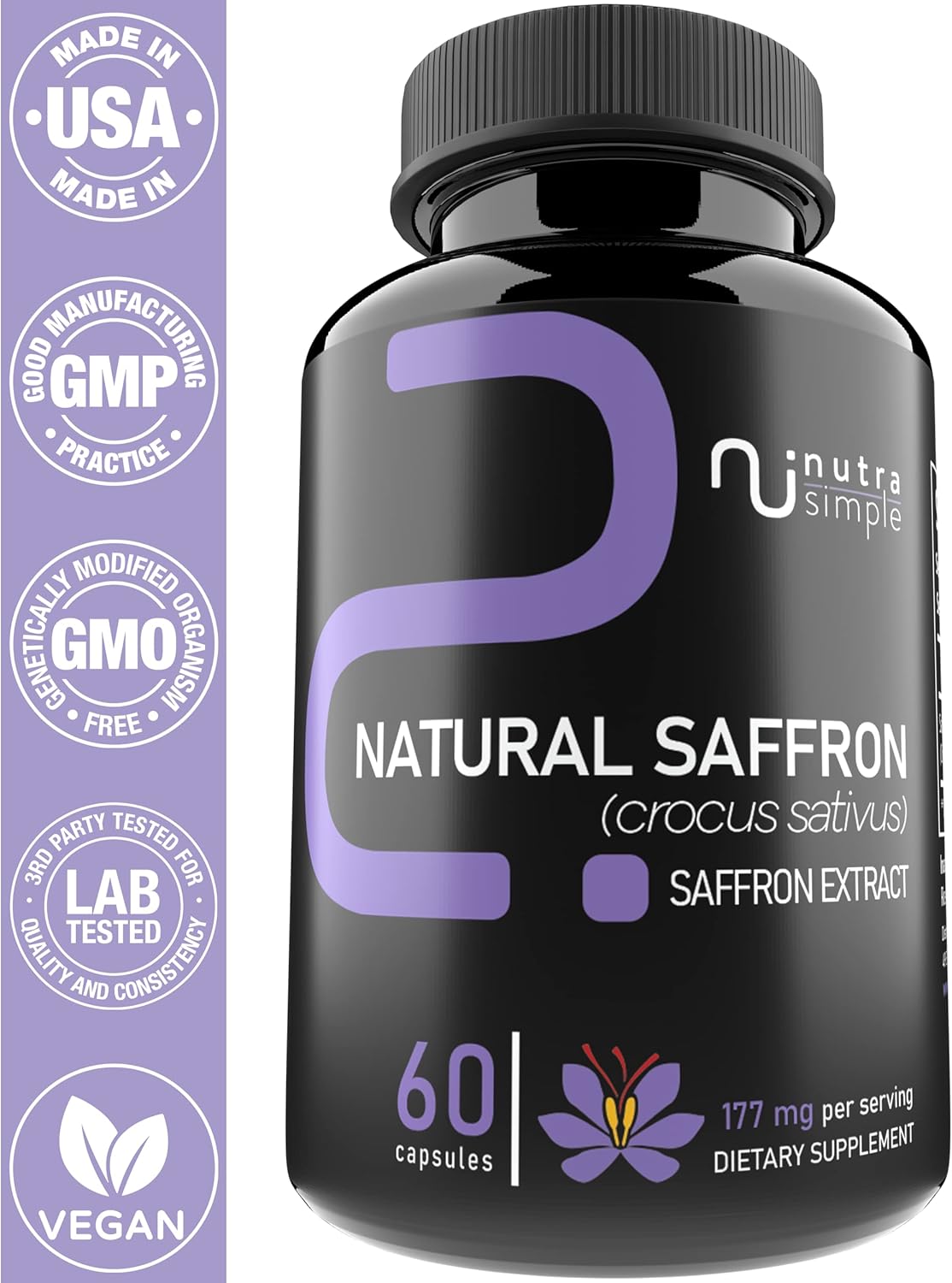 177mg Pure Saffron Extract Supplements for Mood & Energy Support - Made in USA - Vegan & Non-GMO - 60 Capsules