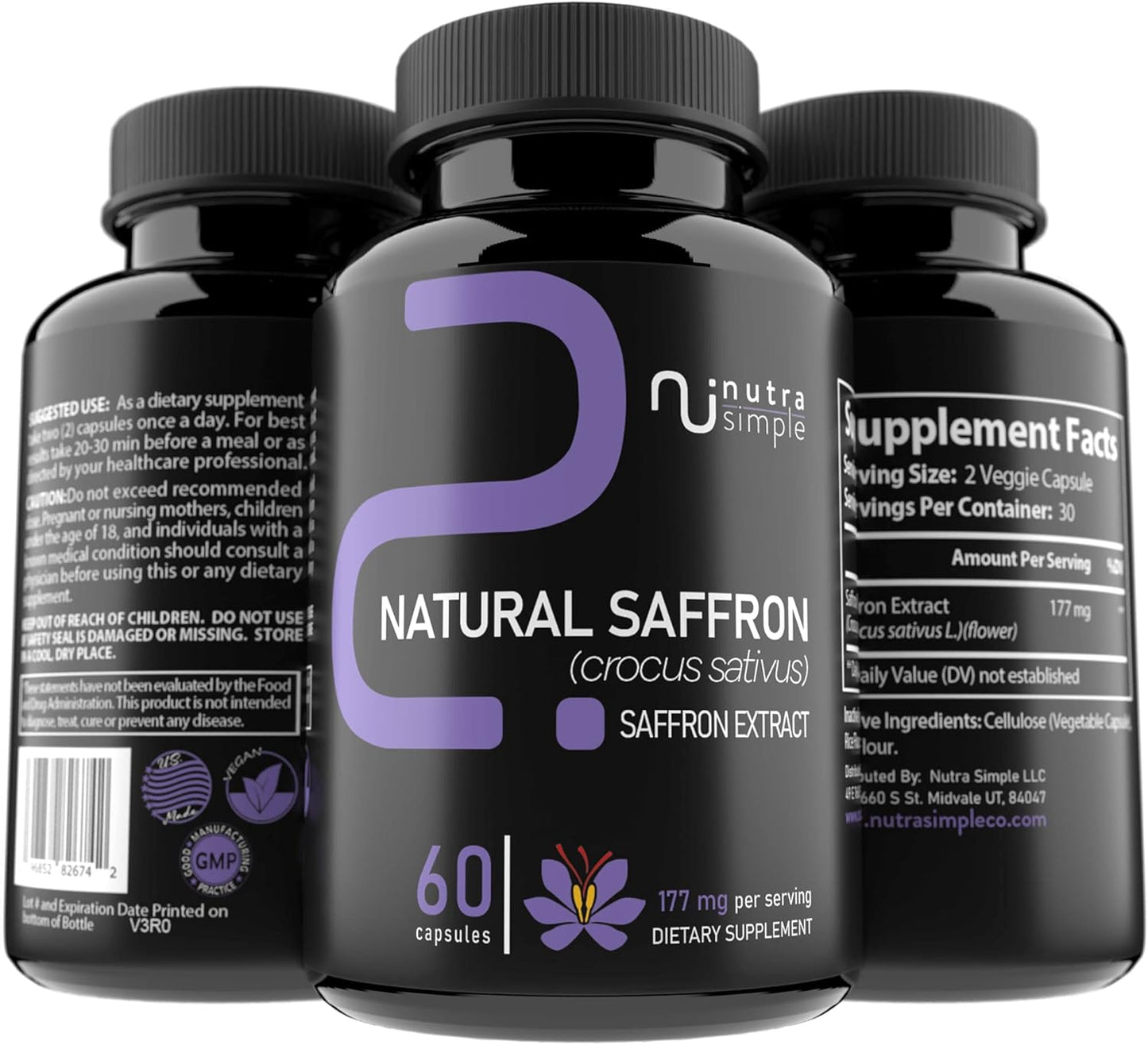 177mg Pure Saffron Extract Supplements for Mood & Energy Support - Made in USA - Vegan & Non-GMO - 60 Capsules