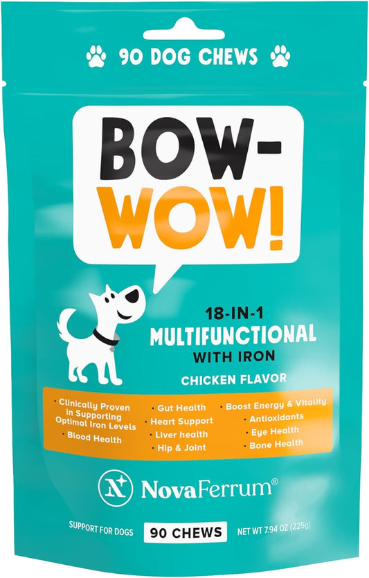 18-in-1 Multifunctional Iron Supplement for Dogs with Blood Support for Anemia, Glucosamine, Probiotics, Antioxidants, Chicken Flavor - 90 Chews