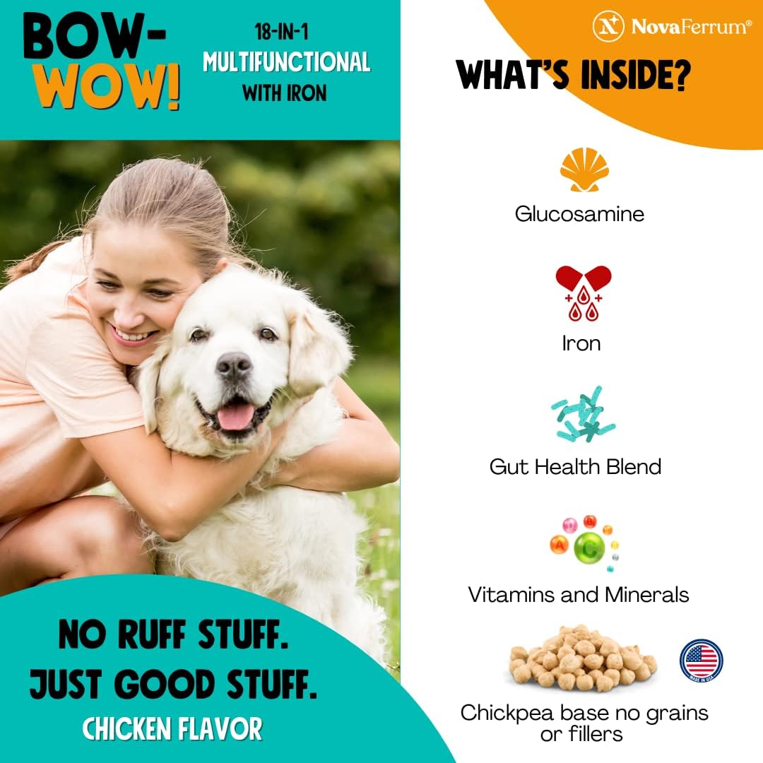 18-in-1 Multifunctional Iron Supplement for Dogs with Blood Support for Anemia, Glucosamine, Probiotics, Antioxidants, Chicken Flavor - 90 Chews
