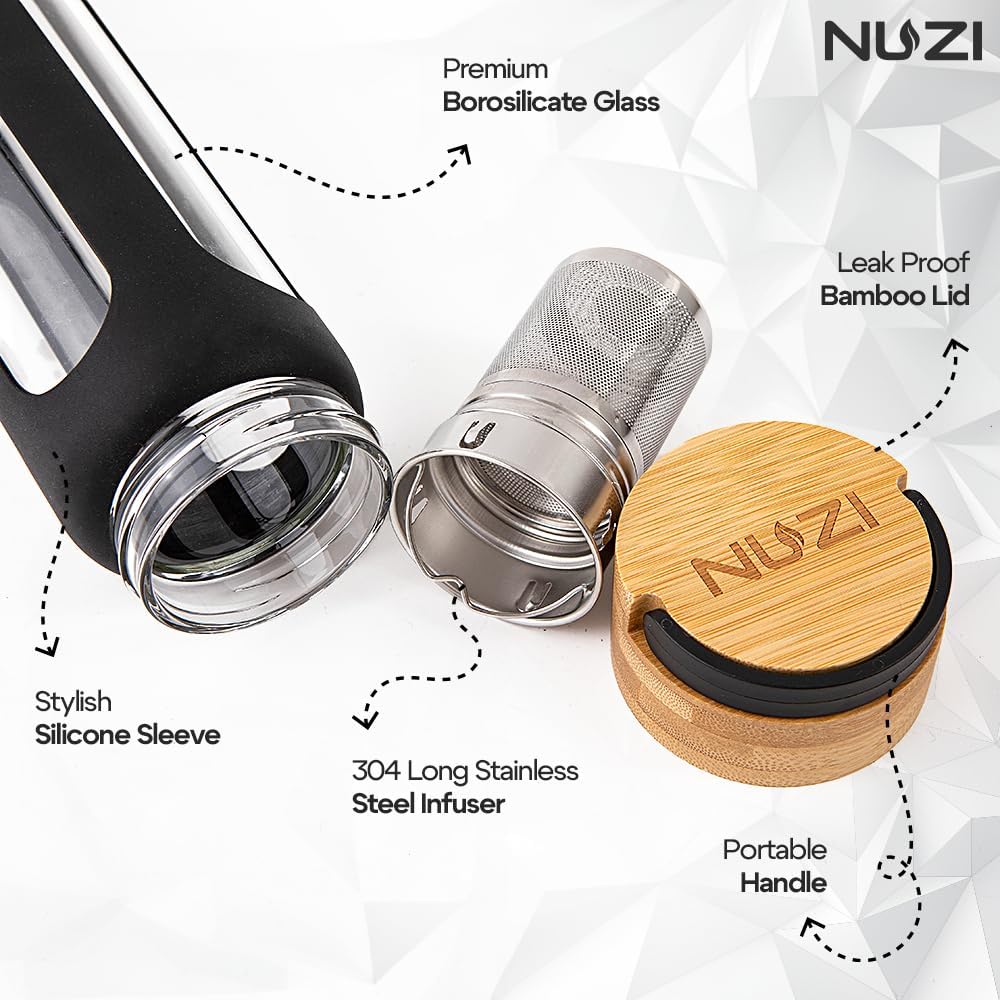 18 oz NUZI Glass Water Bottle with Stainless Steel Fruit Infuser, Bamboo Lid, and Silicone Sleeve - BPA Free, Leakproof, Insulated - Black