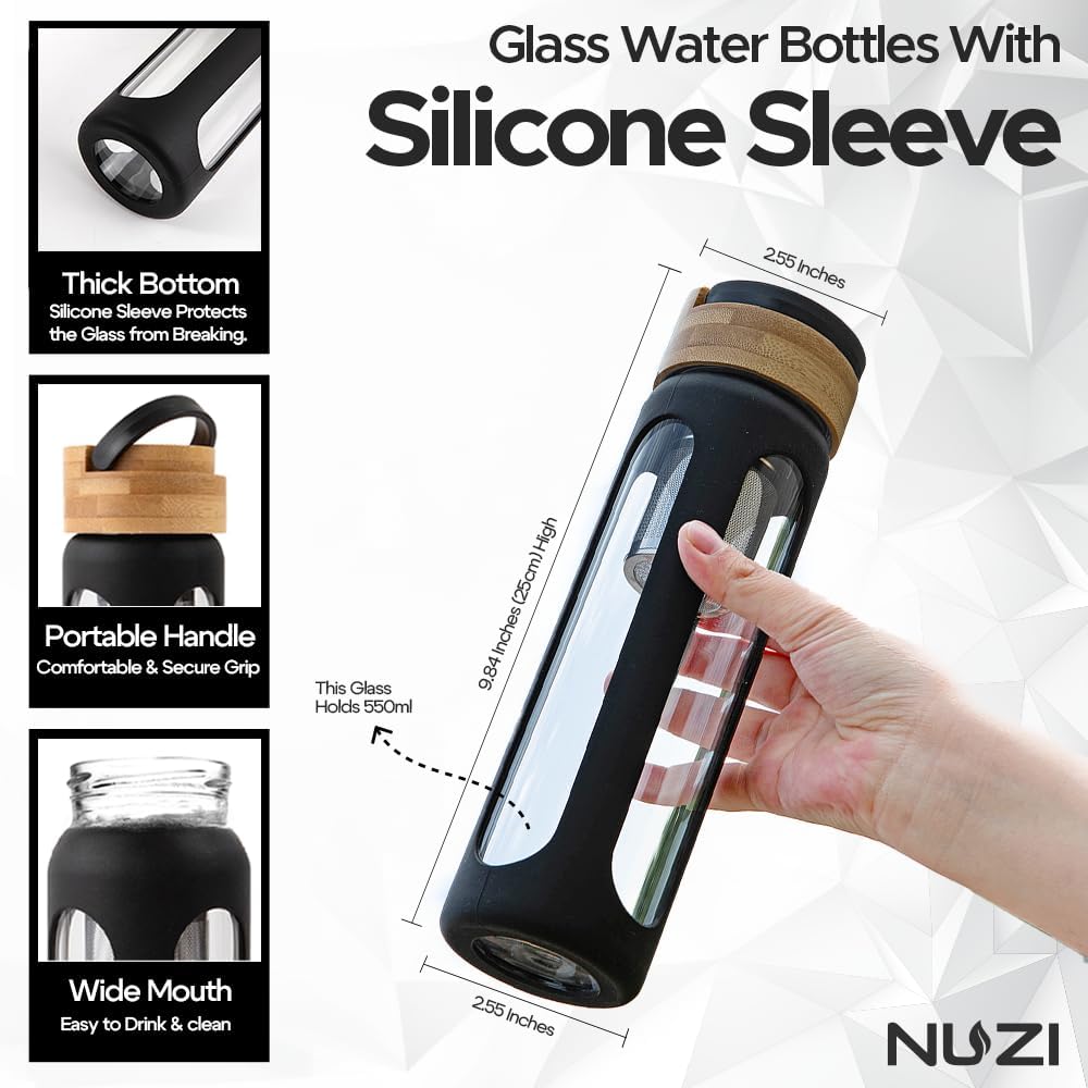 18 oz NUZI Glass Water Bottle with Stainless Steel Fruit Infuser, Bamboo Lid, and Silicone Sleeve - BPA Free, Leakproof, Insulated - Black