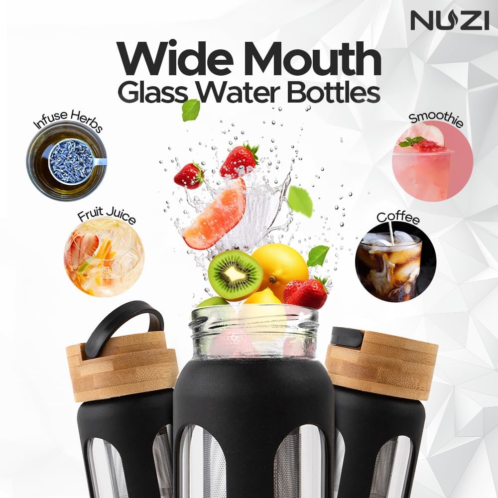 18 oz NUZI Glass Water Bottle with Stainless Steel Fruit Infuser, Bamboo Lid, and Silicone Sleeve - BPA Free, Leakproof, Insulated - Black