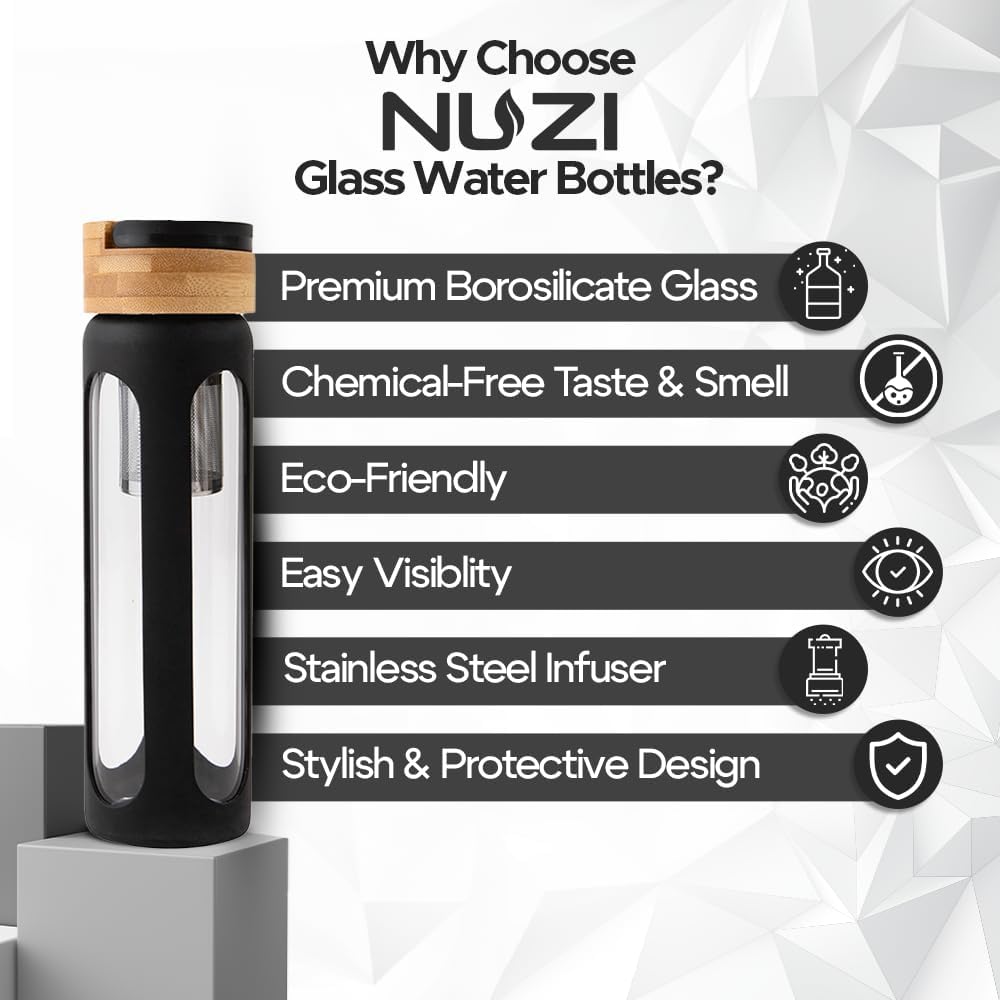 18 oz NUZI Glass Water Bottle with Stainless Steel Fruit Infuser, Bamboo Lid, and Silicone Sleeve - BPA Free, Leakproof, Insulated - Black