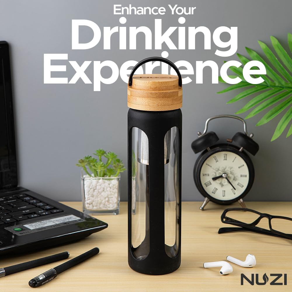 18 oz NUZI Glass Water Bottle with Stainless Steel Fruit Infuser, Bamboo Lid, and Silicone Sleeve - BPA Free, Leakproof, Insulated - Black