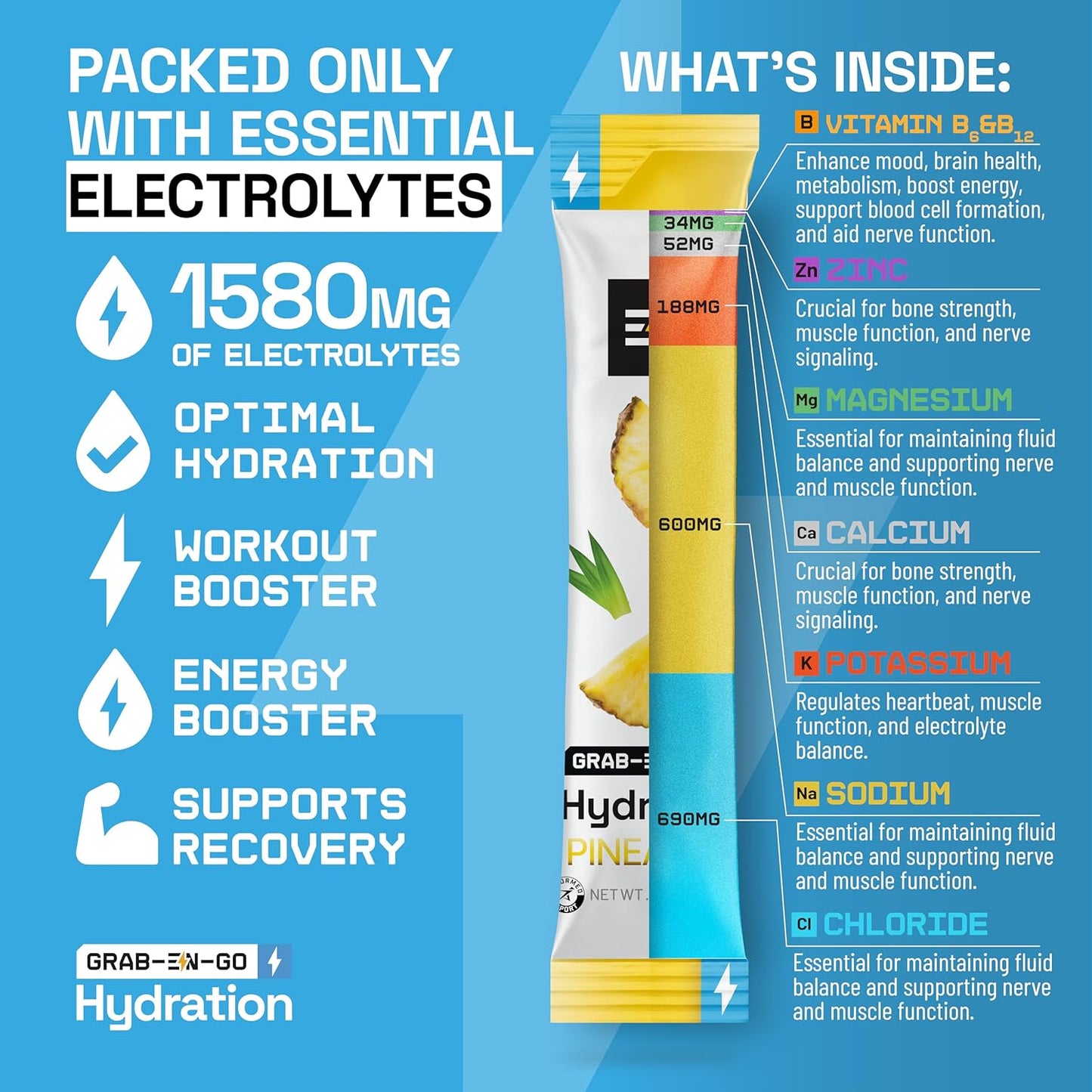 18 Packets of Sugar-Free Keto Electrolytes Powder - Vegan, Non-GMO, Organic Pineapple Flavor - Zero Calorie Hydration Packets