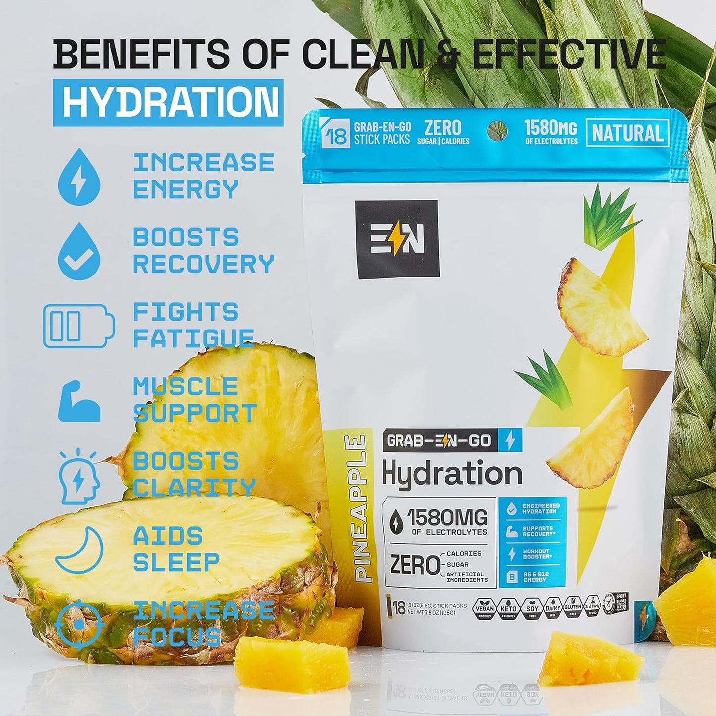 18 Packets of Sugar-Free Keto Electrolytes Powder - Vegan, Non-GMO, Organic Pineapple Flavor - Zero Calorie Hydration Packets
