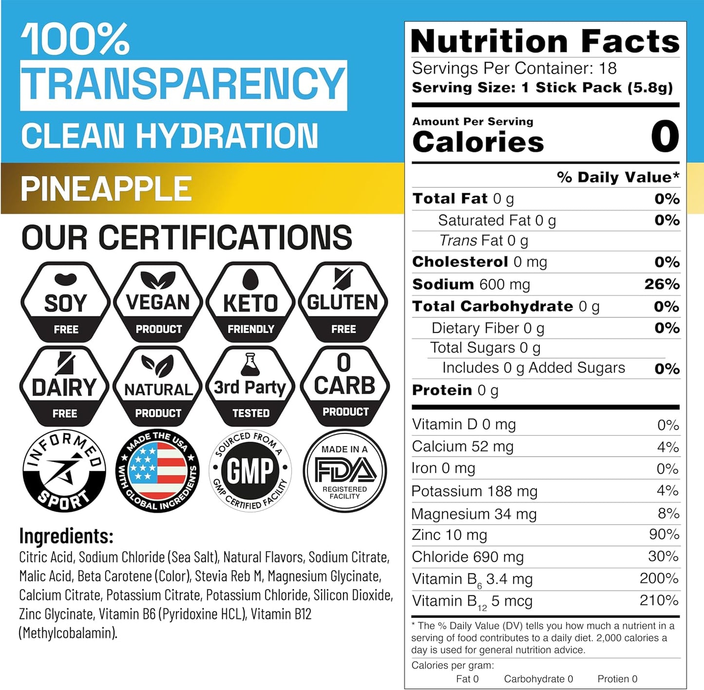 18 Packets of Sugar-Free Keto Electrolytes Powder - Vegan, Non-GMO, Organic Pineapple Flavor - Zero Calorie Hydration Packets