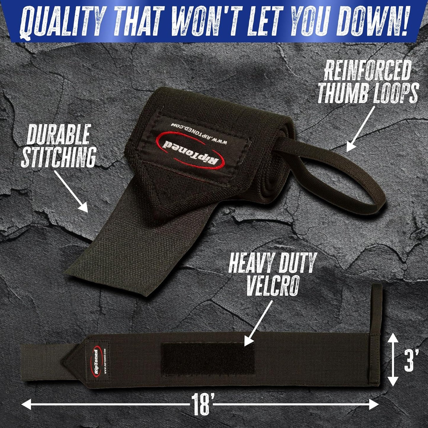 18" Rip Toned Wrist Wraps - Adjustable Wrist Straps for Weightlifting - Support & Protect Wrists - Durable & Washable - USPA Approved - Men & Women
