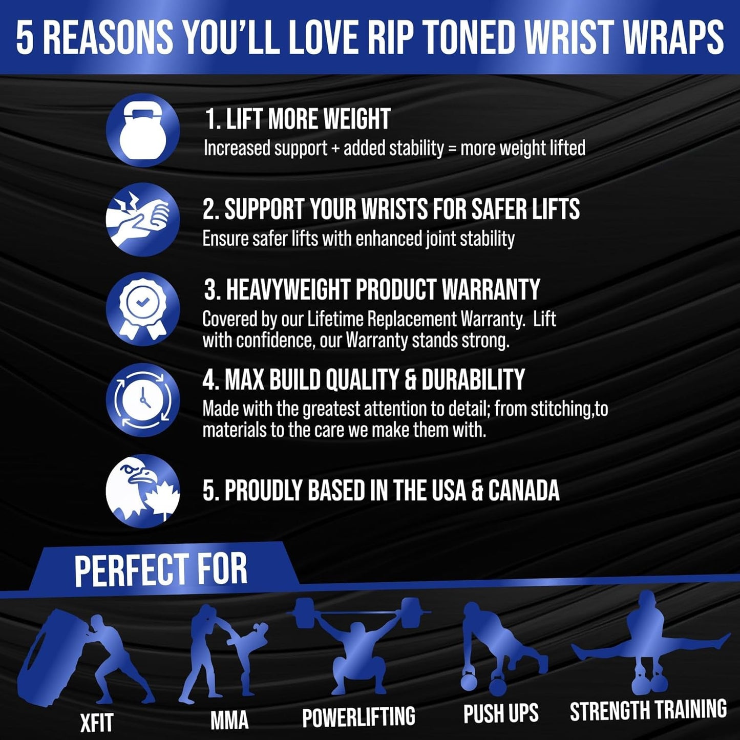 18" Rip Toned Wrist Wraps - Adjustable Wrist Straps for Weightlifting - Support & Protect Wrists - Durable & Washable - USPA Approved - Men & Women