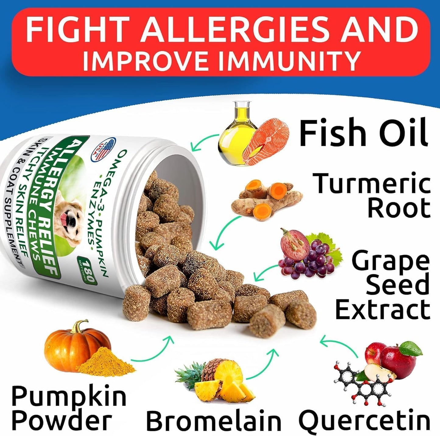 180 Allergy Relief Chews for Dogs - Skin & Coat Supplement with Omega 3 Fish Oil - Anti-Itch Treatment Pills for Itchy Skin, Paw Licking, Dry Skin, and Hot Spots