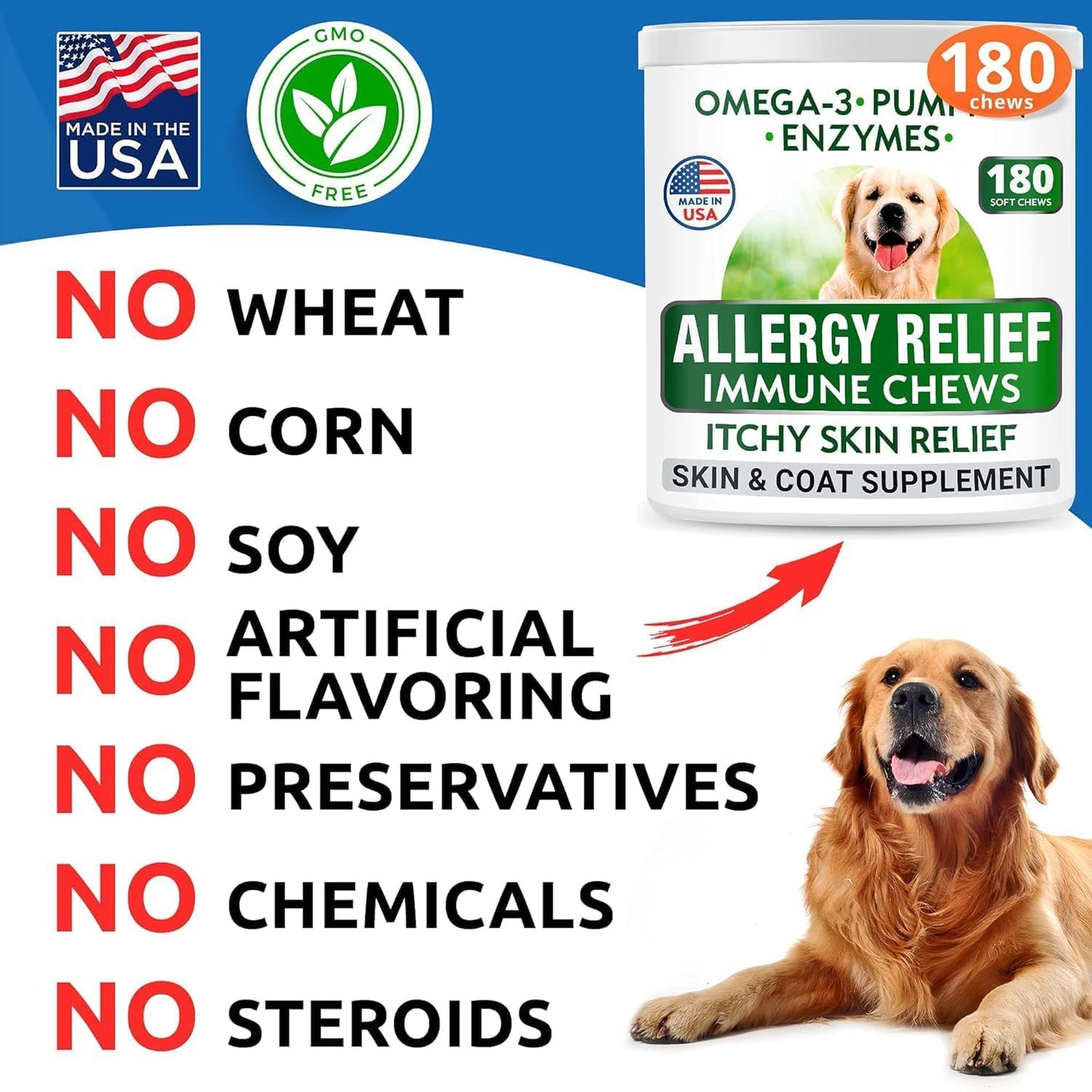 180 Allergy Relief Chews for Dogs - Skin & Coat Supplement with Omega 3 Fish Oil - Anti-Itch Treatment Pills for Itchy Skin, Paw Licking, Dry Skin, and Hot Spots