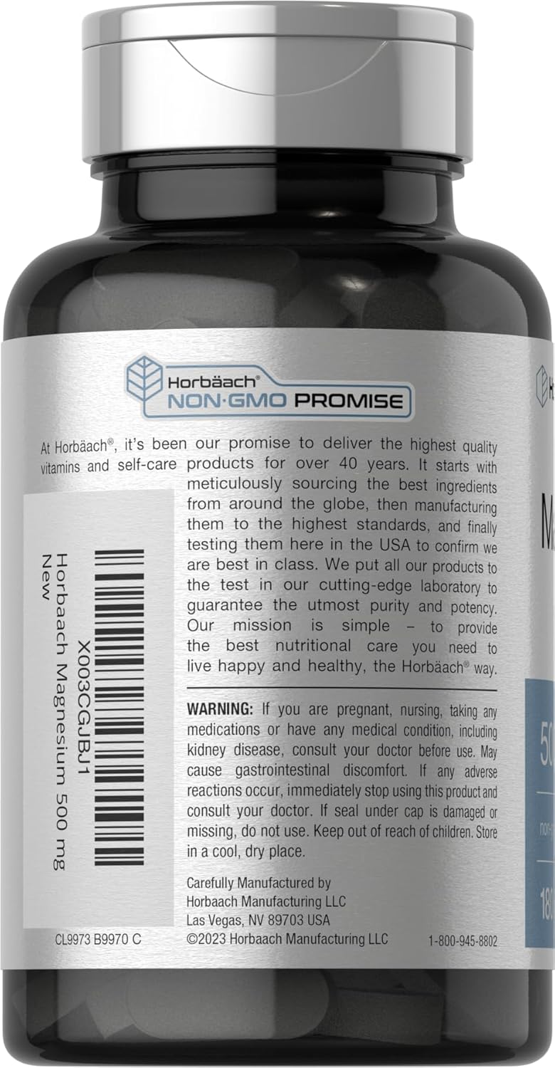 180 Caplets of Horbäach Magnesium 500mg - Vegetarian, Non-GMO, Gluten Free Supplement