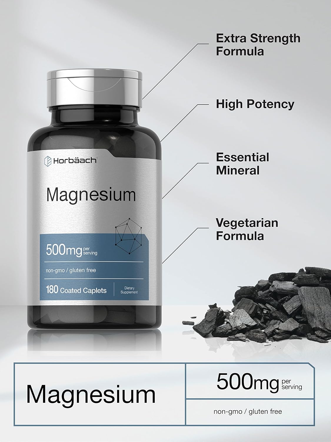 180 Caplets of Horbäach Magnesium 500mg - Vegetarian, Non-GMO, Gluten Free Supplement