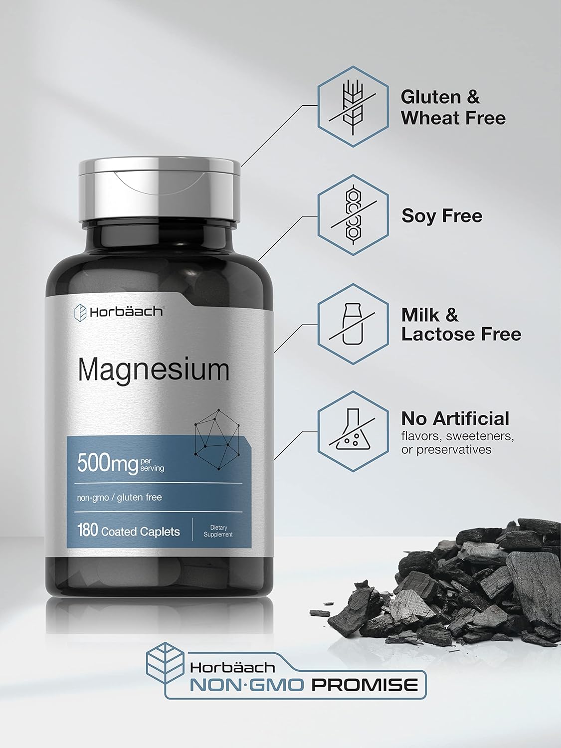 180 Caplets of Horbäach Magnesium 500mg - Vegetarian, Non-GMO, Gluten Free Supplement