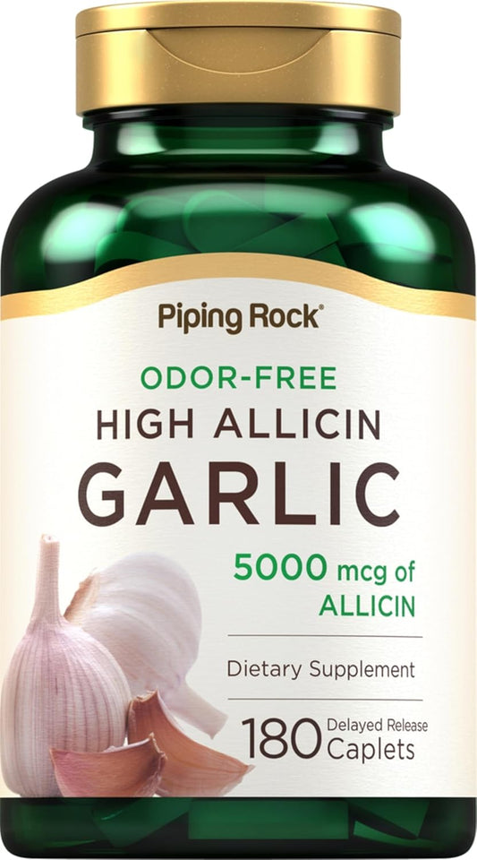 180 Caplets Piping Rock Odorless Garlic Pills | High Allicin Concentration | Vegetarian, Non-GMO, Gluten-Free | No Odor