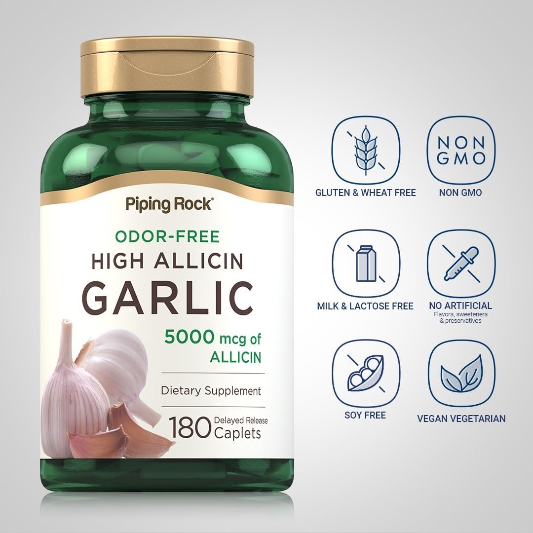 180 Caplets Piping Rock Odorless Garlic Pills | High Allicin Concentration | Vegetarian, Non-GMO, Gluten-Free | No Odor
