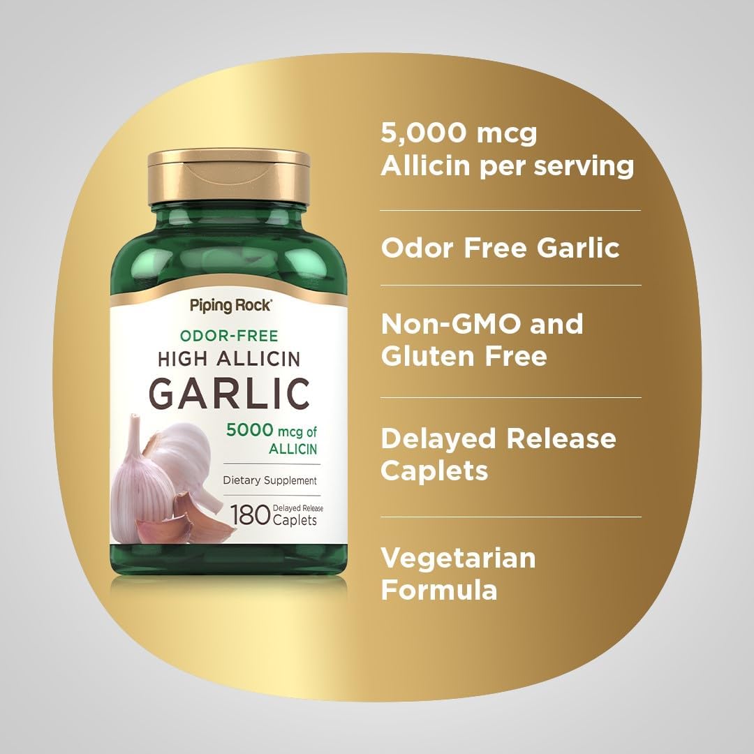 180 Caplets Piping Rock Odorless Garlic Pills | High Allicin Concentration | Vegetarian, Non-GMO, Gluten-Free | No Odor