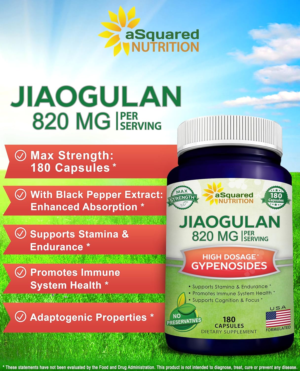 180 Capsules Jiaogulan Supplement with Black Pepper Extract - AMPK Activator, Caffeine-Free Adaptogen Pills - Southern Ginseng Root Powder - 820mg Strength