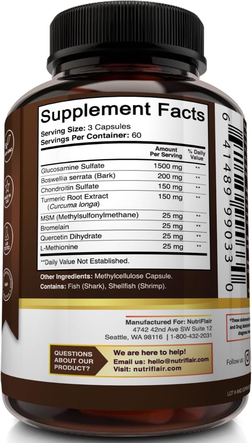 180 Capsules Joint Comfort Supplement with Glucosamine, Chondroitin, Turmeric, MSM, Boswellia - Non-GMO Antioxidant Pills for Back, Knees, Hands, Cartilage