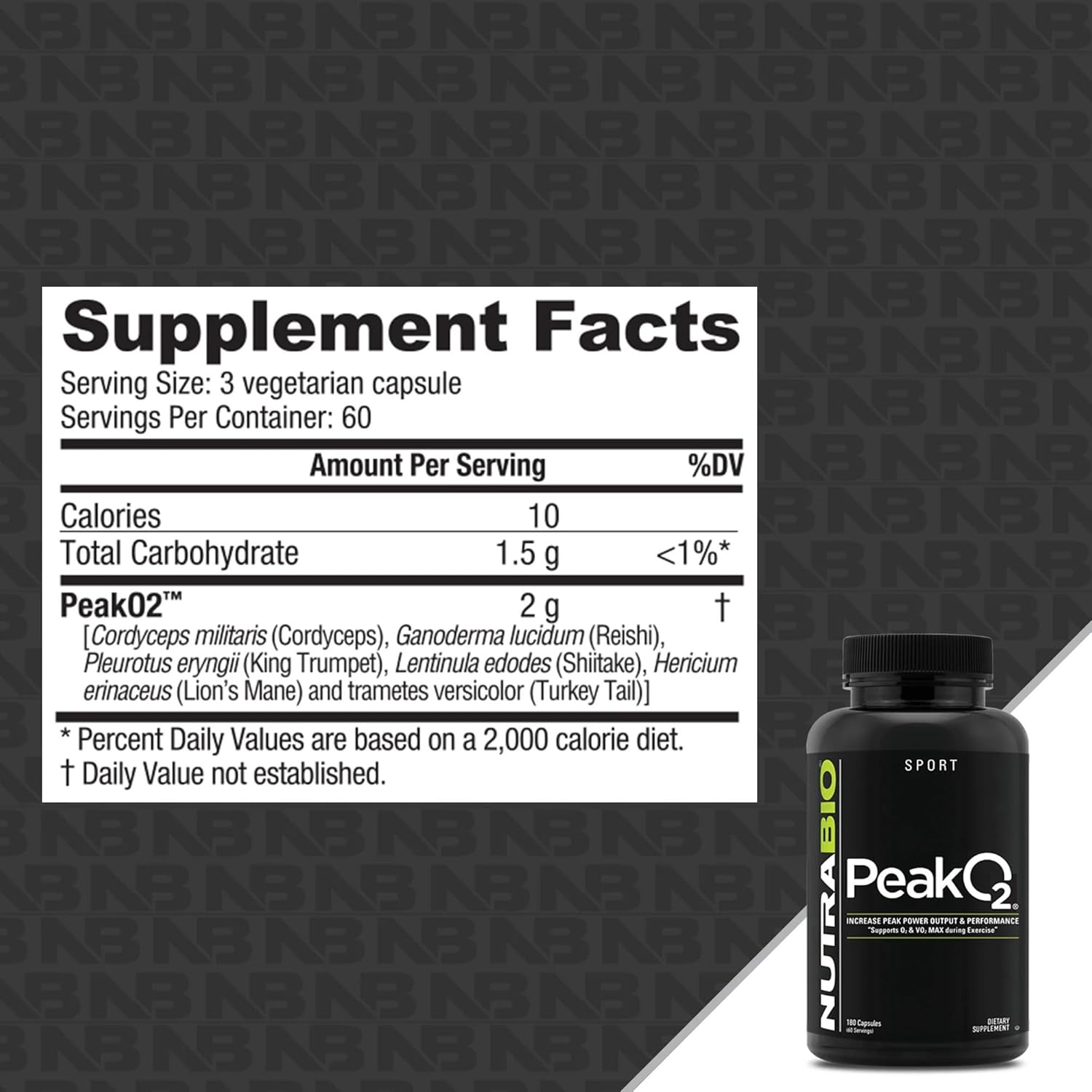 180 Capsules NutraBio PeakO2 Mushroom Blend Workout Supplement - Enhance Athletic Performance & Health - 60 Servings
