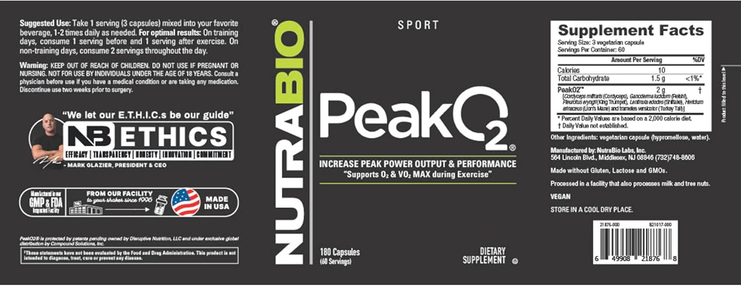 180 Capsules NutraBio PeakO2 Mushroom Blend Workout Supplement - Enhance Athletic Performance & Health - 60 Servings
