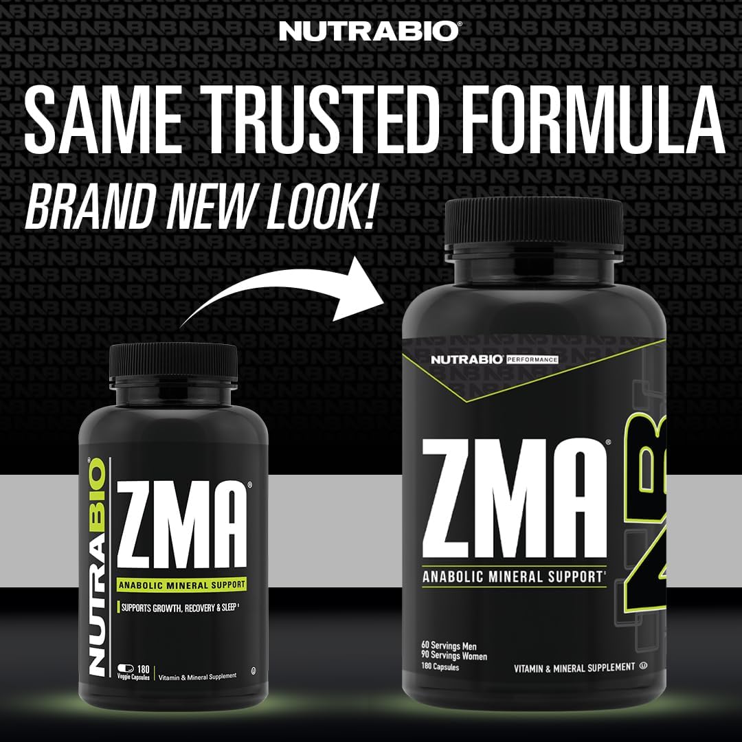 180 Capsules NutraBio ZMA Vegetable Supplement for Anabolic Mineral Support - Recovery, Growth, Sleep - Zinc, Magnesium, B6 Formula