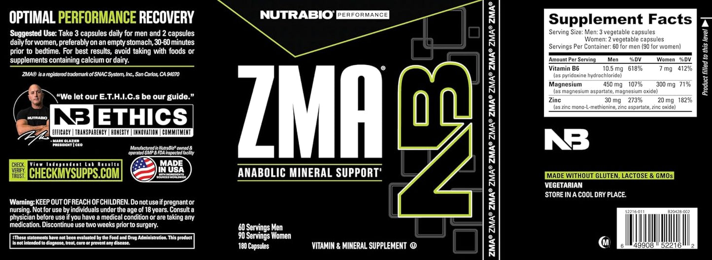180 Capsules NutraBio ZMA Vegetable Supplement for Anabolic Mineral Support - Recovery, Growth, Sleep - Zinc, Magnesium, B6 Formula
