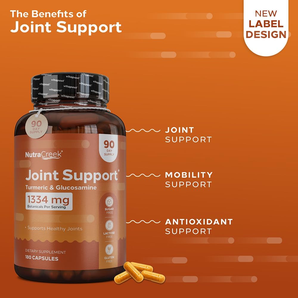 180 Capsules NutraCreek Joint Support Supplement with Turmeric, Glucosamine, BioPerine, Ginger, Chondroitin, and Boswellia for Healthy Joints