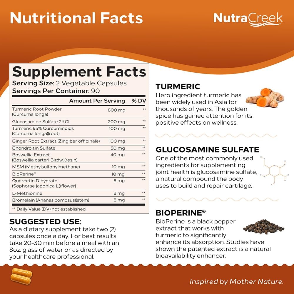 180 Capsules NutraCreek Joint Support Supplement with Turmeric, Glucosamine, BioPerine, Ginger, Chondroitin, and Boswellia for Healthy Joints