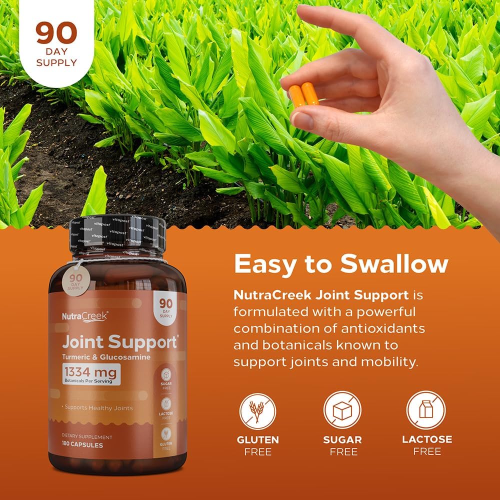 180 Capsules NutraCreek Joint Support Supplement with Turmeric, Glucosamine, BioPerine, Ginger, Chondroitin, and Boswellia for Healthy Joints