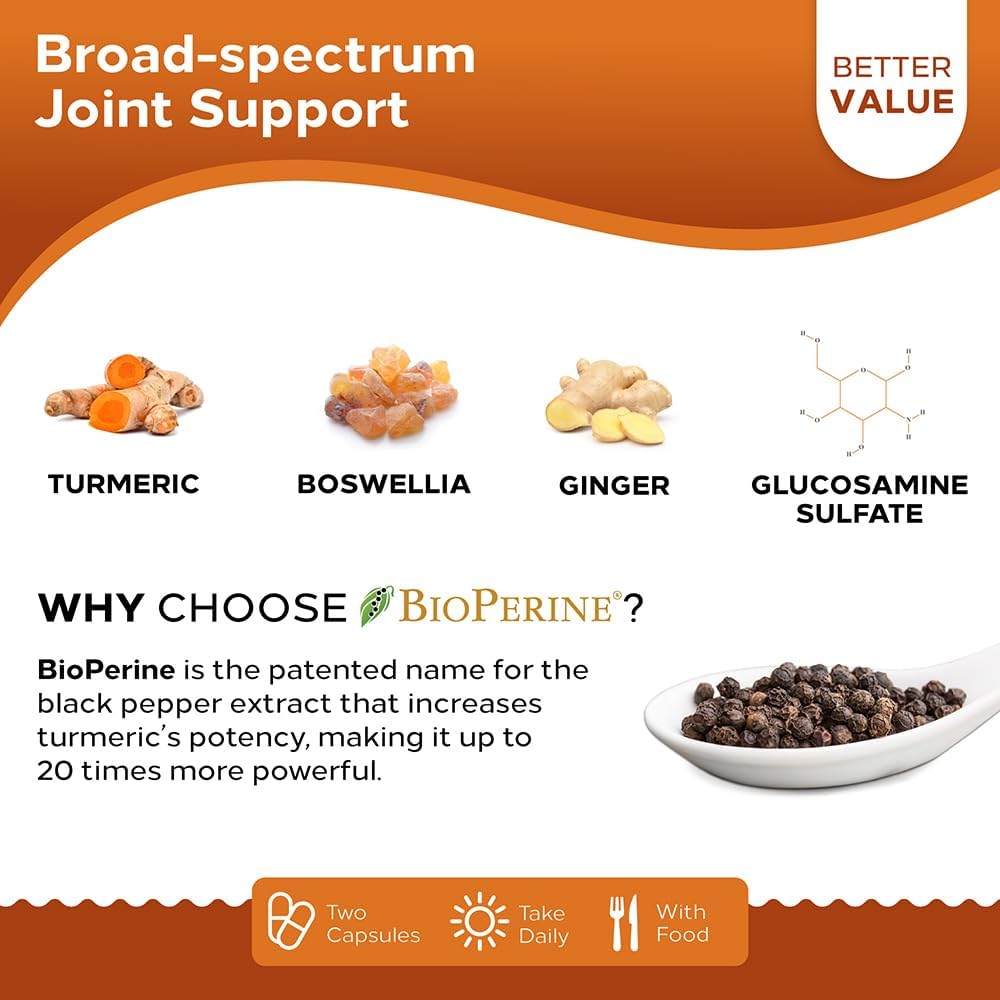 180 Capsules NutraCreek Joint Support Supplement with Turmeric, Glucosamine, BioPerine, Ginger, Chondroitin, and Boswellia for Healthy Joints