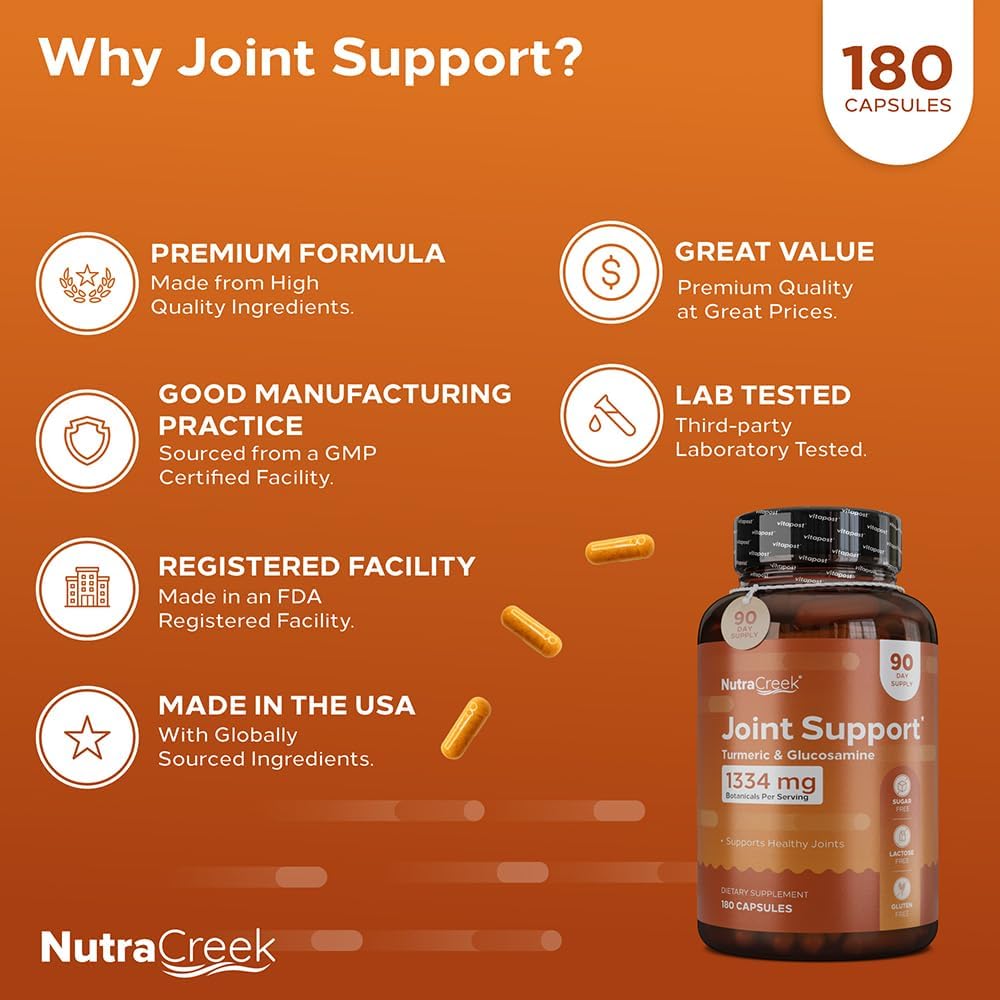 180 Capsules NutraCreek Joint Support Supplement with Turmeric, Glucosamine, BioPerine, Ginger, Chondroitin, and Boswellia for Healthy Joints