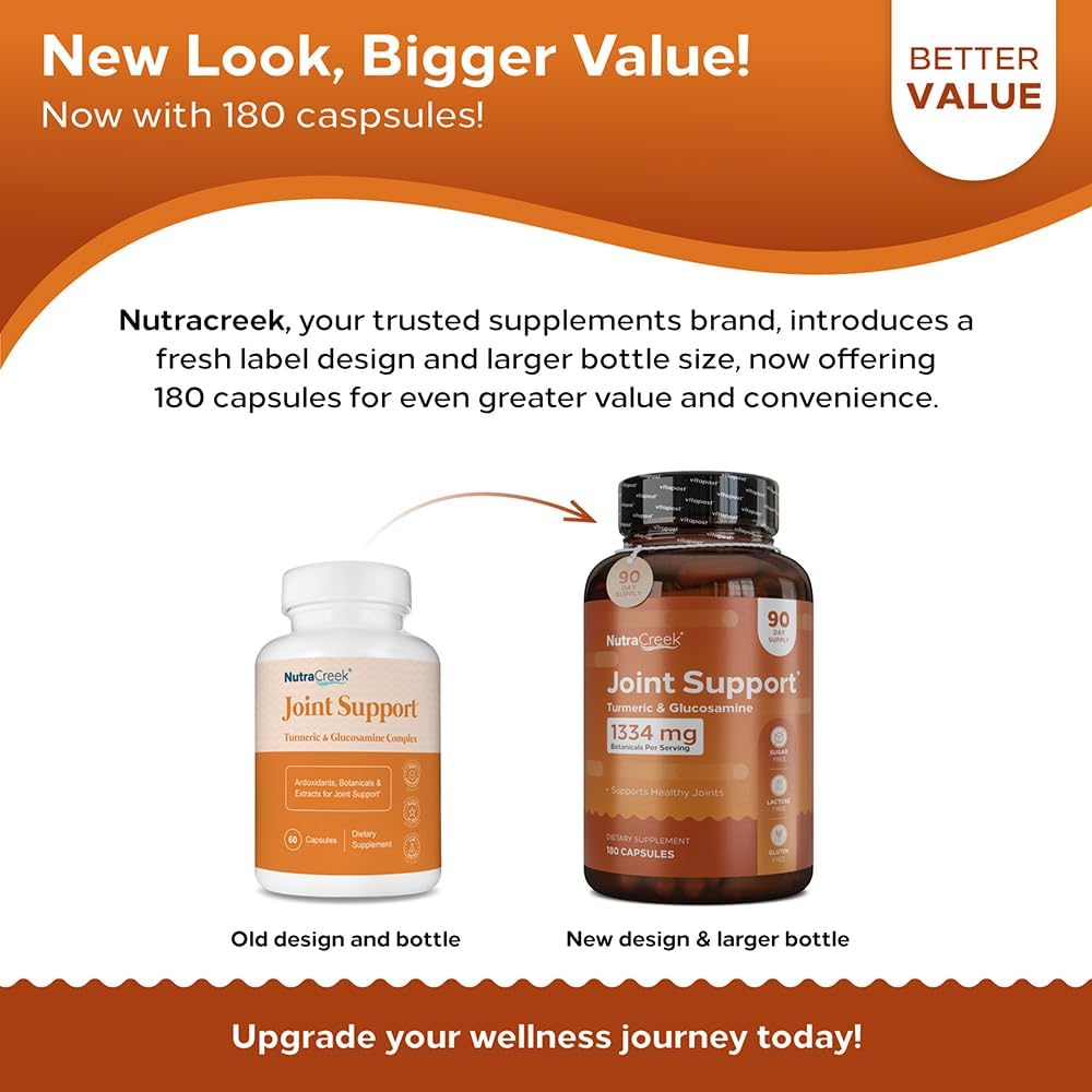 180 Capsules NutraCreek Joint Support Supplement with Turmeric, Glucosamine, BioPerine, Ginger, Chondroitin, and Boswellia for Healthy Joints