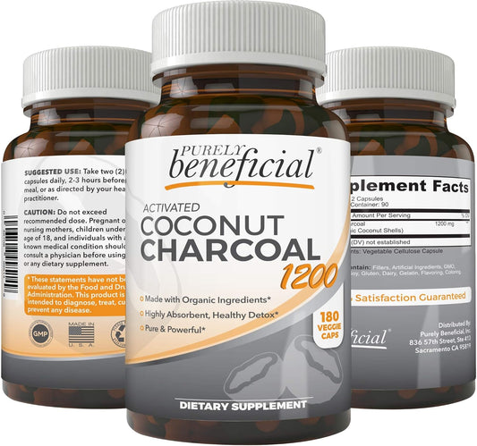 180 Capsules of 1200mg Activated Coconut Charcoal for Digestive System Support - Vegan Friendly Supplement for Bloating Relief