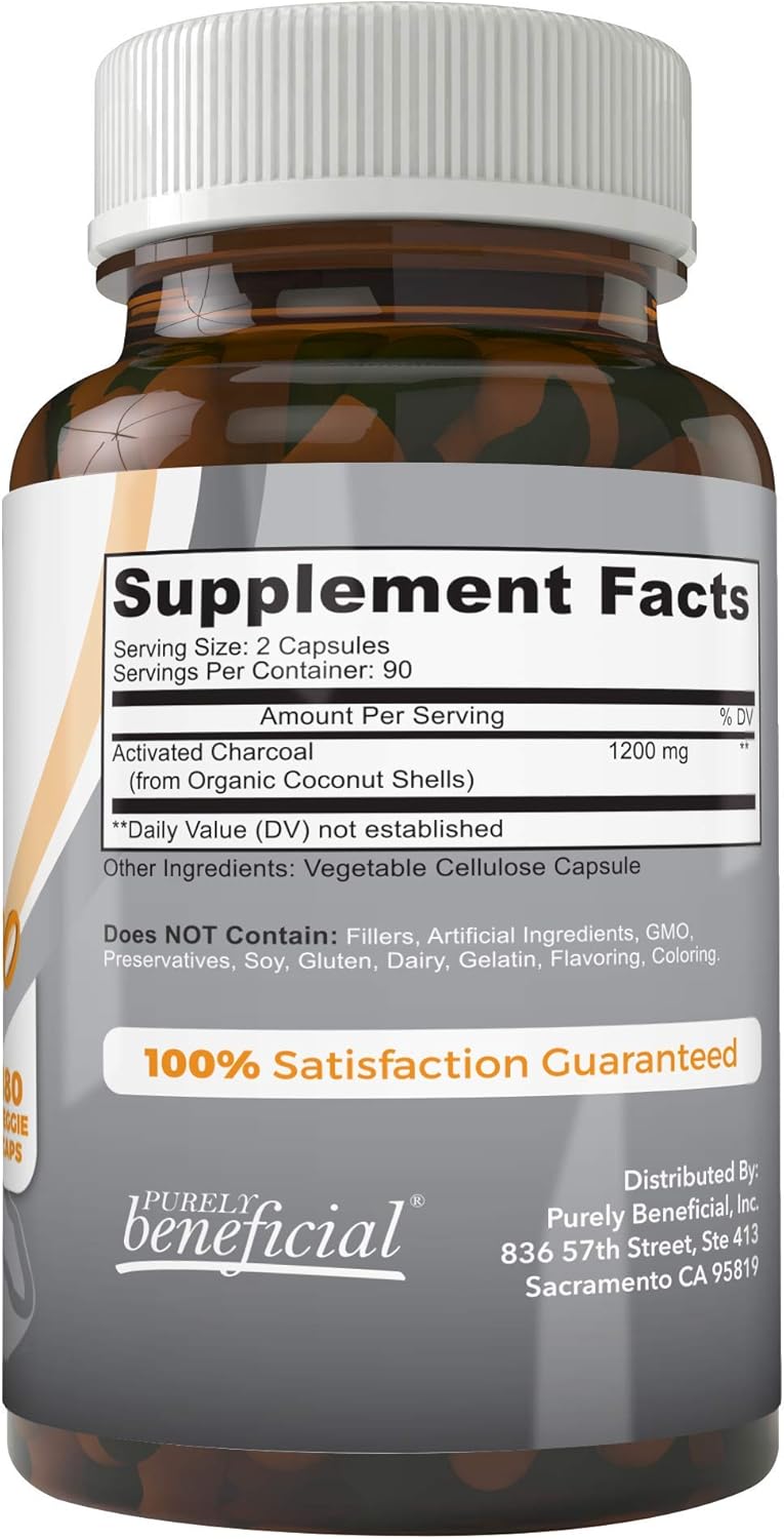 180 Capsules of 1200mg Activated Coconut Charcoal for Digestive System Support - Vegan Friendly Supplement for Bloating Relief