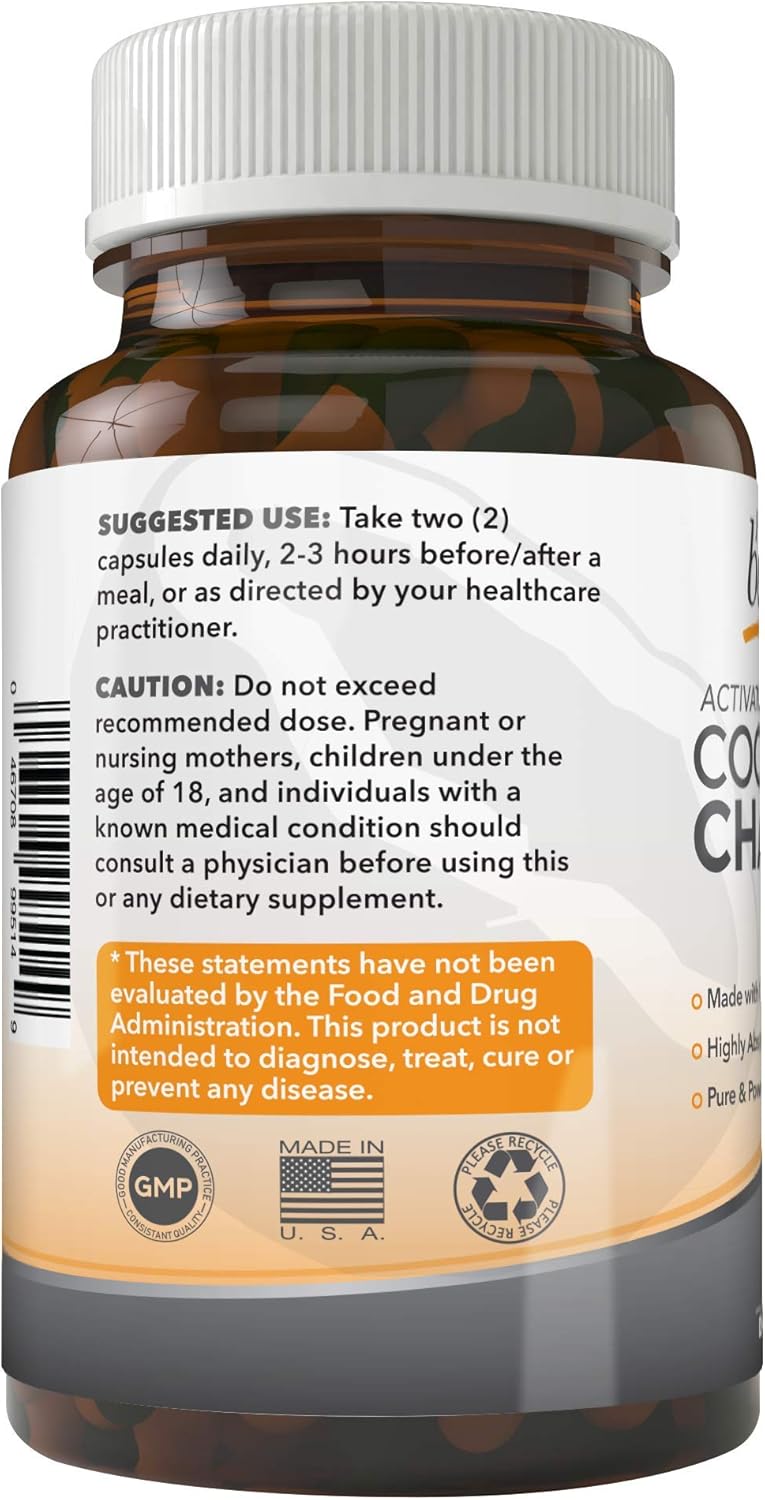 180 Capsules of 1200mg Activated Coconut Charcoal for Digestive System Support - Vegan Friendly Supplement for Bloating Relief