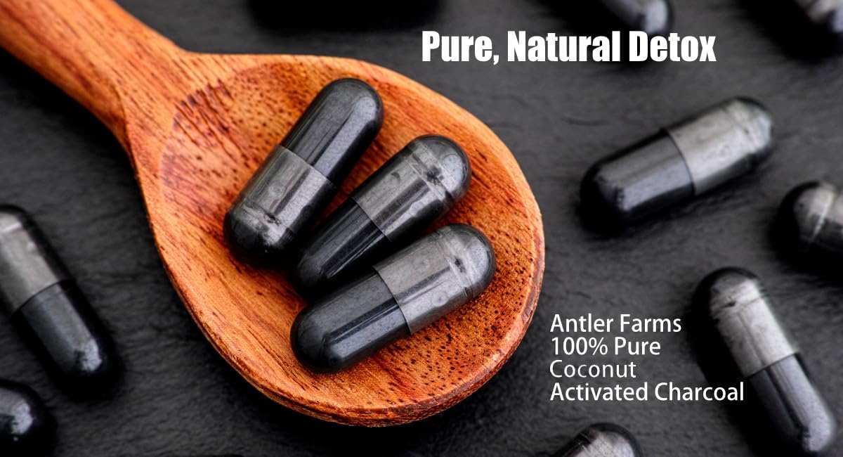 180 Capsules of Antler Farms 100% Pure Coconut Activated Charcoal - Wild Harvested, Virgin Coconut Shell - USP Food Grade, Steam Activated - Ultra Fine 260mg
