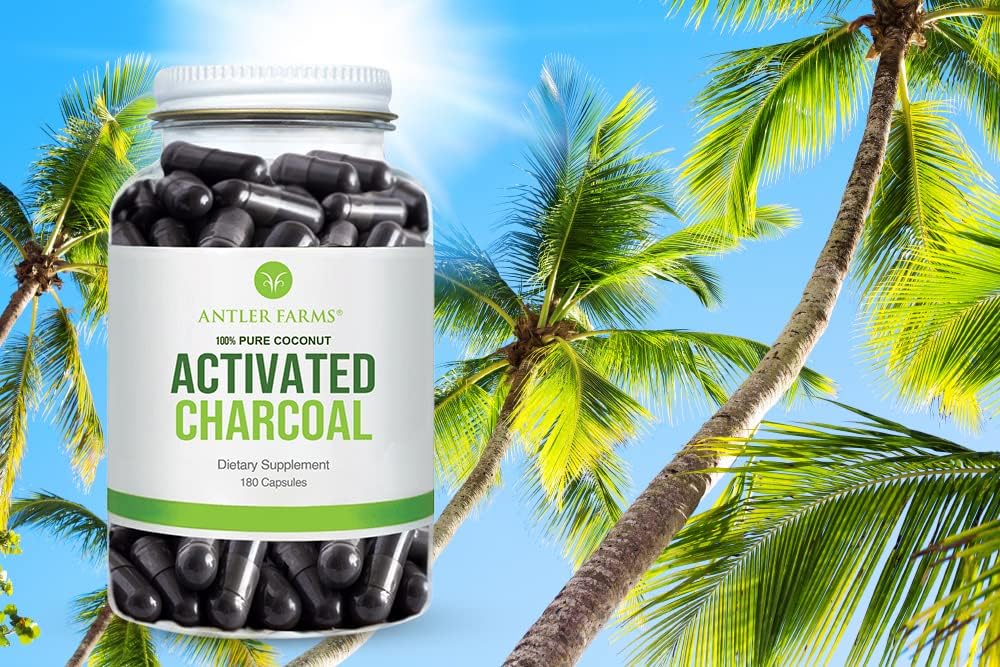 180 Capsules of Antler Farms 100% Pure Coconut Activated Charcoal - Wild Harvested, Virgin Coconut Shell - USP Food Grade, Steam Activated - Ultra Fine 260mg