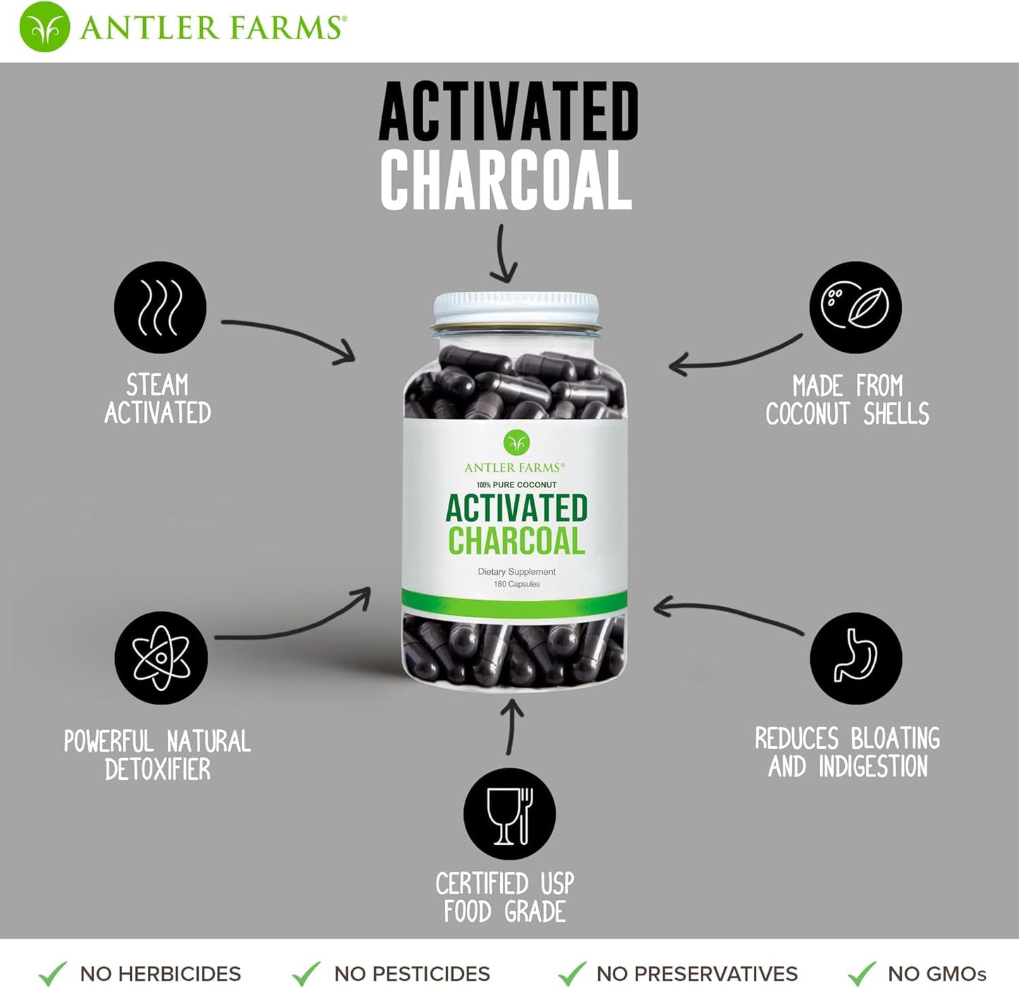 180 Capsules of Antler Farms 100% Pure Coconut Activated Charcoal - Wild Harvested, Virgin Coconut Shell - USP Food Grade, Steam Activated - Ultra Fine 260mg