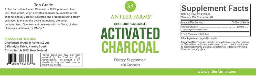 180 Capsules of Antler Farms 100% Pure Coconut Activated Charcoal - Wild Harvested, Virgin Coconut Shell - USP Food Grade, Steam Activated - Ultra Fine 260mg