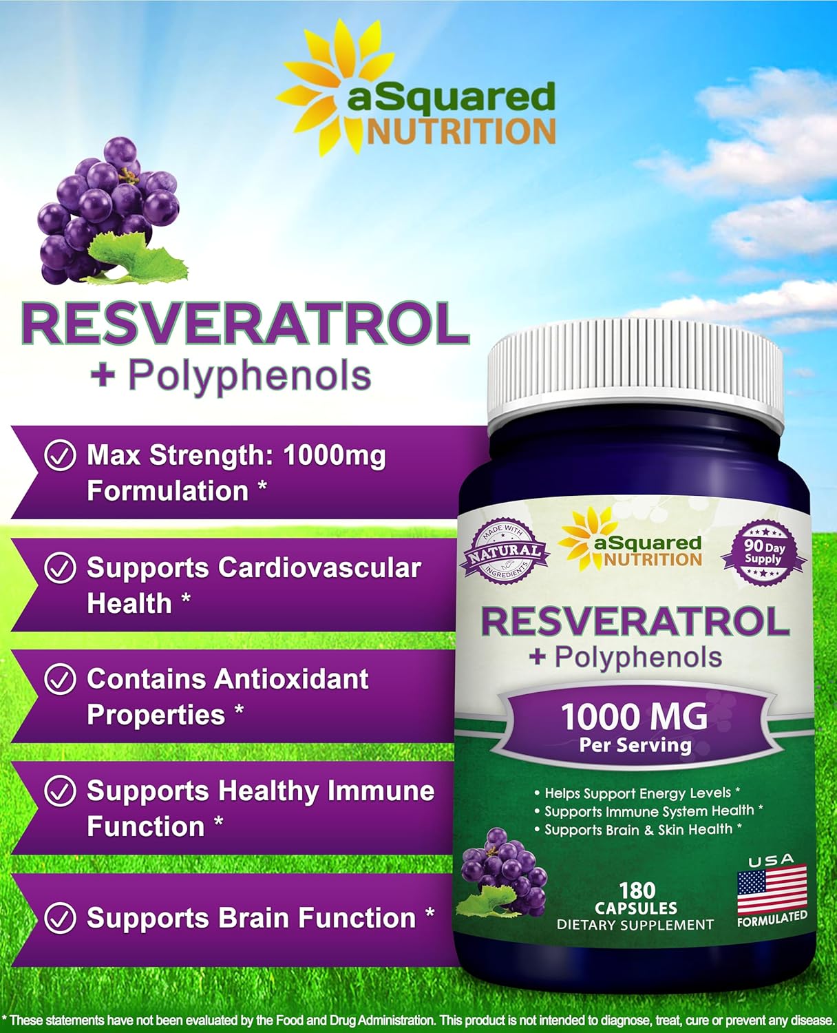 180 Capsules of aSquared Nutrition Natural Resveratrol with Red Wine Extract - Antioxidant Supplement for Heart Health - Extra Strength Trans-Resveratrol Pills